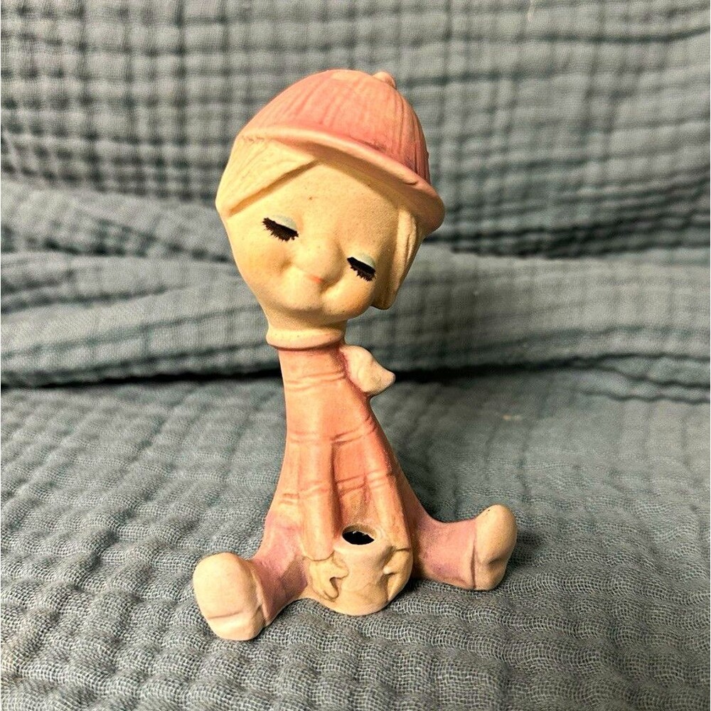 Vintage Tracie poppet Ceramic Girl Figurine Hand Painted Matte Pink White Small